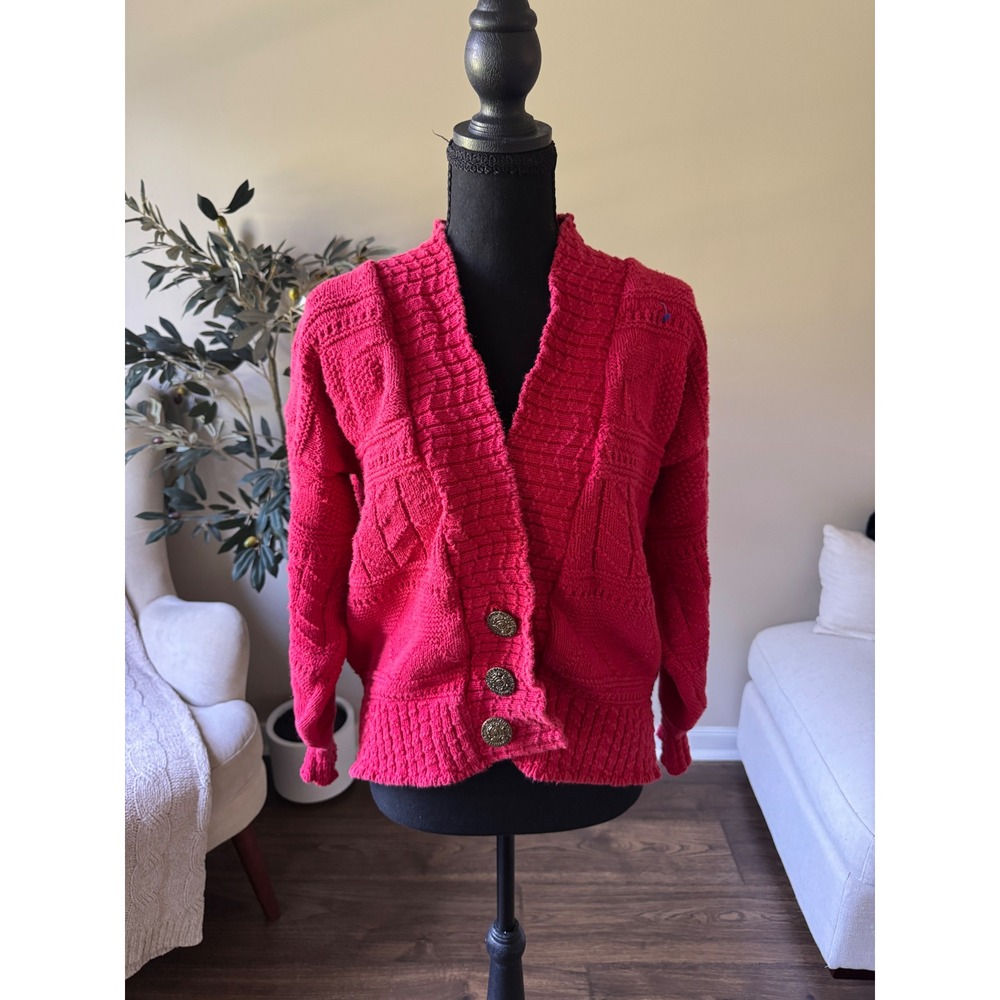 United States Sweaters Vintage Red Cotton Chunky Knit Cardigan Brass Buttons M